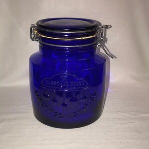 1969 Crawford China Co. Cobalt Blue Canister Jar “Bless Our House” Safety Seal